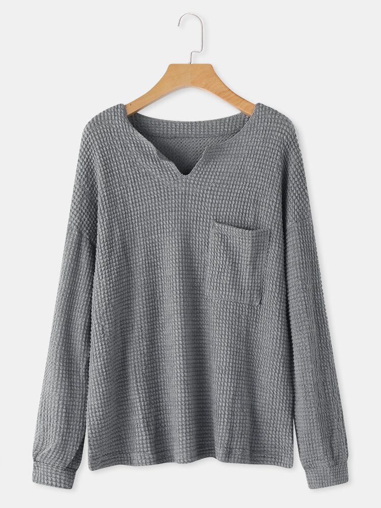 Blusa De Manga Larga Con Bolsillo En El Pecho Jacquard Con Textura Con Cuello En V Para Mujer