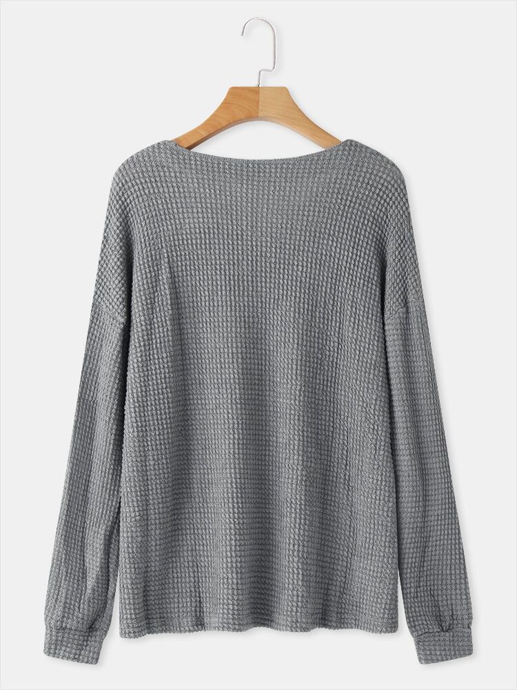 Blusa De Manga Larga Con Bolsillo En El Pecho Jacquard Con Textura Con Cuello En V Para Mujer