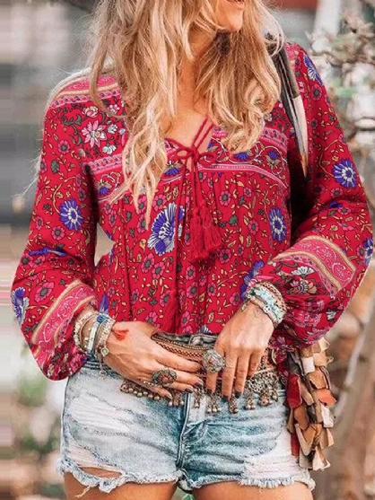 Blusa De Manga Larga Con Borlas Y Cuello En V Bohemio Con Estampado De Estilo Étnico Para Mujer