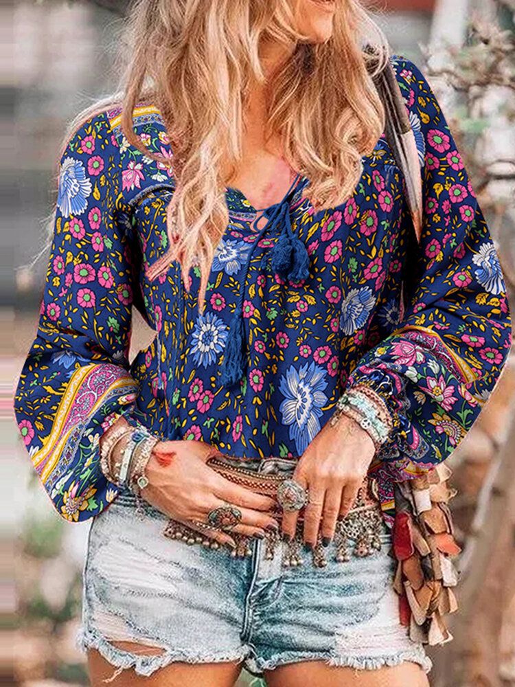 Blusa De Manga Larga Con Borlas Y Cuello En V Bohemio Con Estampado De Estilo Étnico Para Mujer