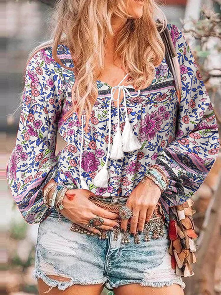 Blusa De Manga Larga Con Borlas Y Cuello En V Bohemio Con Estampado De Estilo Étnico Para Mujer