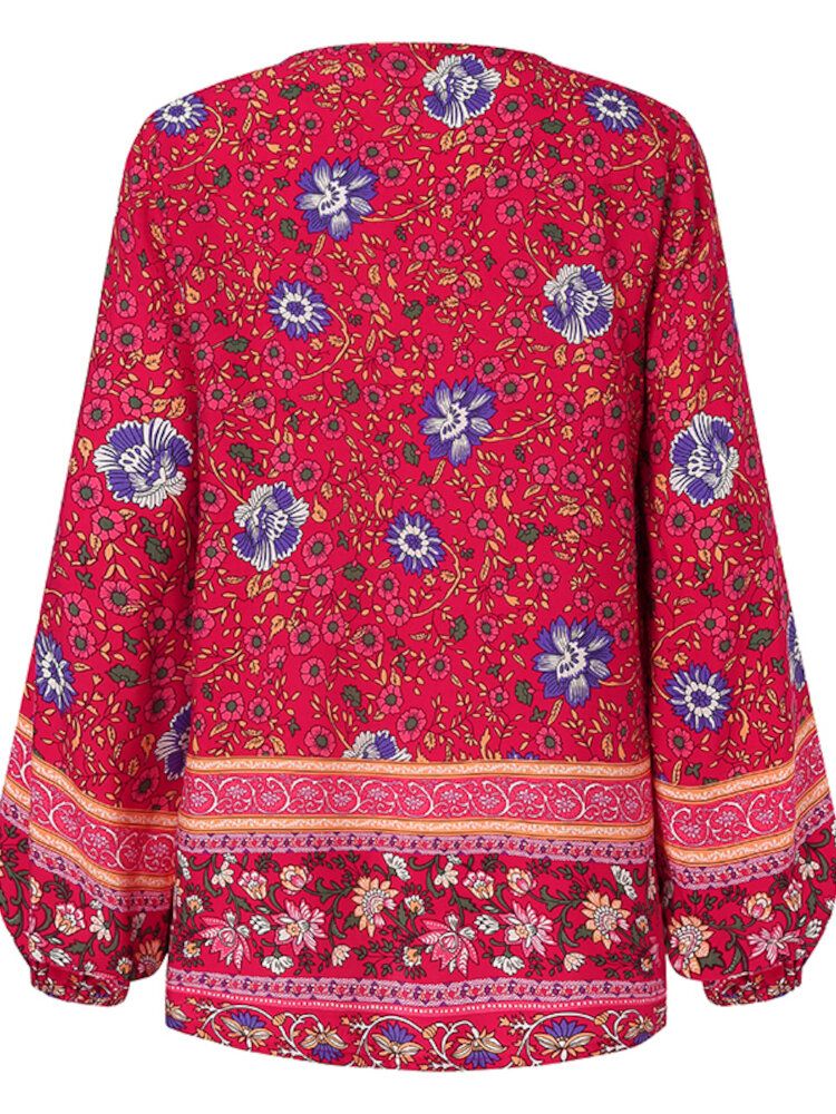 Blusa De Manga Larga Con Borlas Y Cuello En V Bohemio Con Estampado De Estilo Étnico Para Mujer