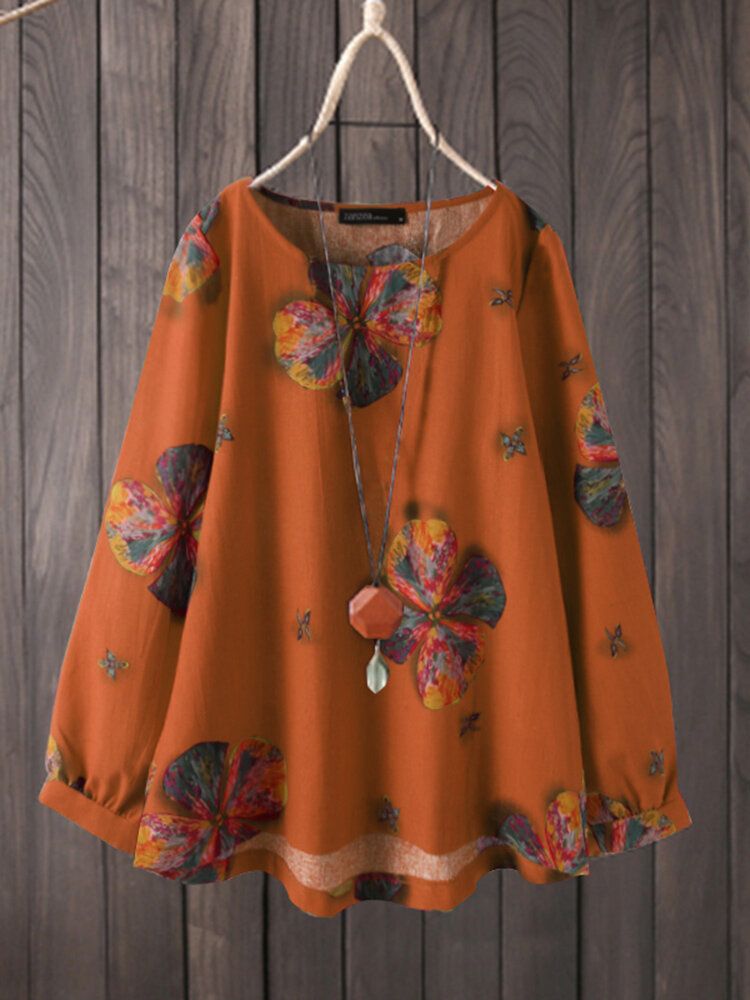 Blusa De Manga Larga Con Cuello Redondo Y Estampado Floral Vintage De Algodón Retro Para Mujer