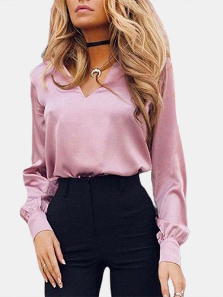 Blusa De Manga Larga Con Cuello En V De Color Sólido Para Mujer