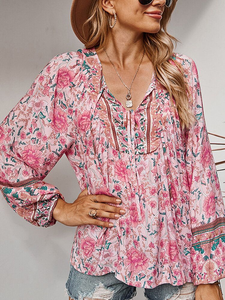 Blusa De Manga Larga Con Cuello En V Y Estampado Floral Vintage Para Mujer