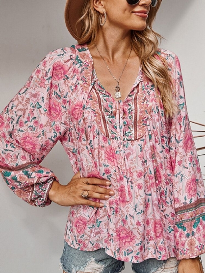 Blusa De Manga Larga Con Cuello En V Y Estampado Floral Vintage Para Mujer