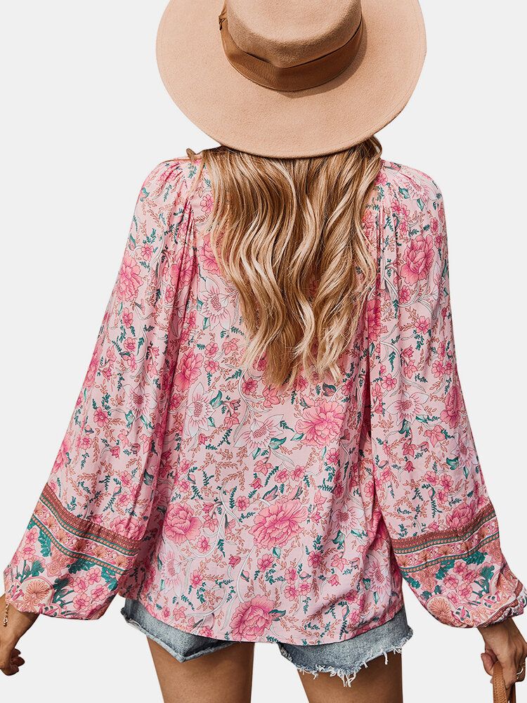 Blusa De Manga Larga Con Cuello En V Y Estampado Floral Vintage Para Mujer