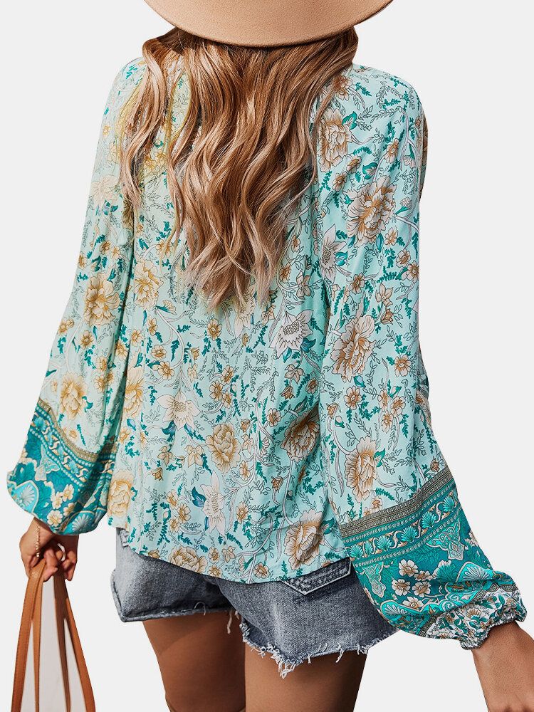 Blusa De Manga Larga Con Cuello En V Y Estampado Floral Vintage Para Mujer