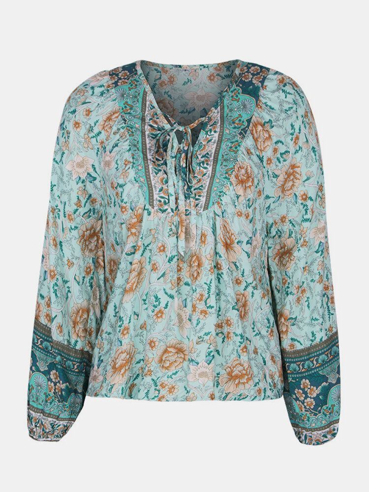 Blusa De Manga Larga Con Cuello En V Y Estampado Floral Vintage Para Mujer