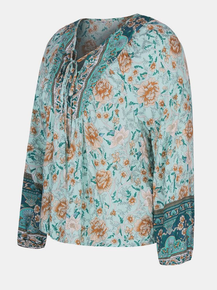 Blusa De Manga Larga Con Cuello En V Y Estampado Floral Vintage Para Mujer