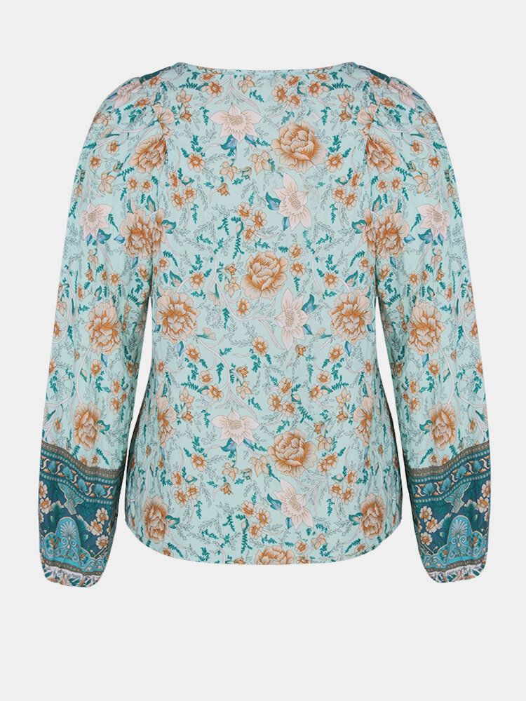 Blusa De Manga Larga Con Cuello En V Y Estampado Floral Vintage Para Mujer