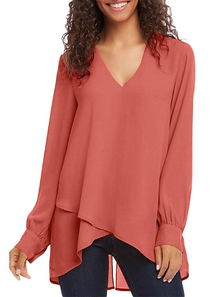 Blusa De Manga Larga Con Dobladillo Asimétrico Y Manga Abullonada Con Cuello En V De Color Liso Para Mujer