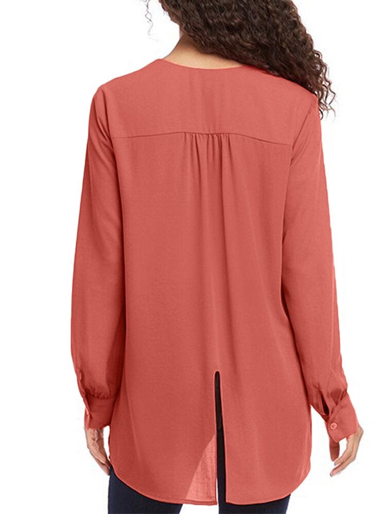 Blusa De Manga Larga Con Dobladillo Asimétrico Y Manga Abullonada Con Cuello En V De Color Liso Para Mujer