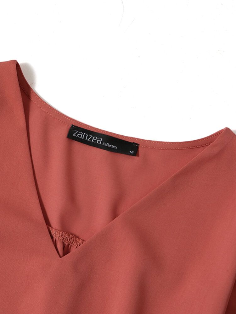 Blusa De Manga Larga Con Dobladillo Asimétrico Y Manga Abullonada Con Cuello En V De Color Liso Para Mujer