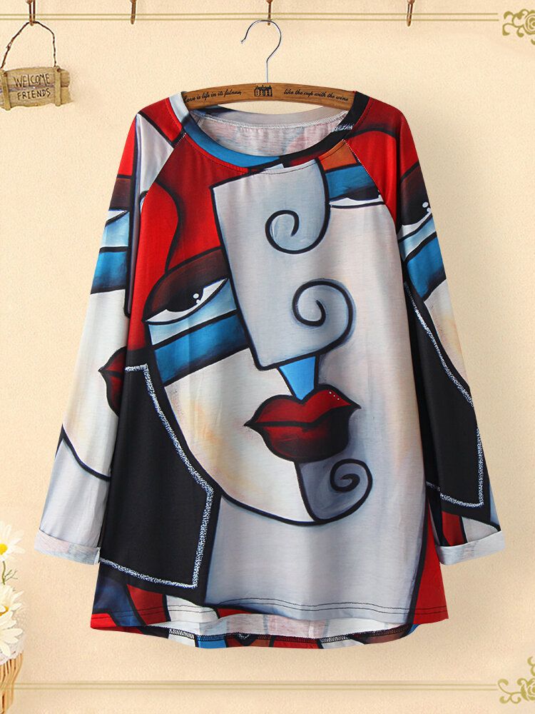 Blusa De Manga Larga Con Dobladillo Irregular Con Estampado De Figura Abstracta Vintage Para Mujer