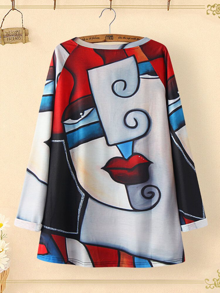 Blusa De Manga Larga Con Dobladillo Irregular Con Estampado De Figura Abstracta Vintage Para Mujer