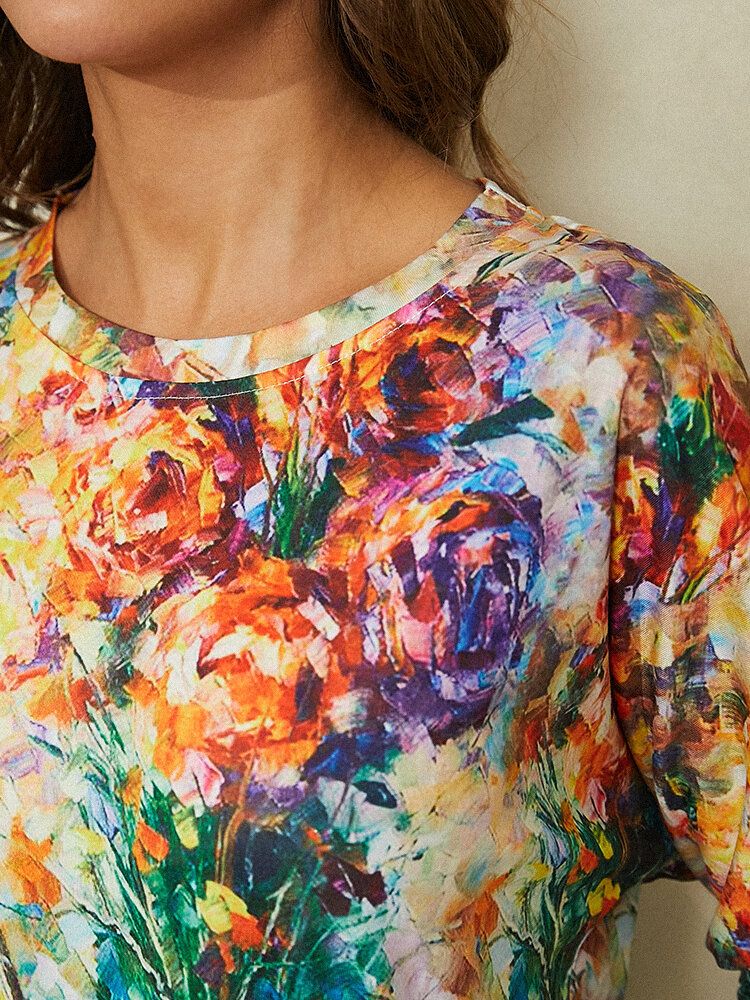 Blusa De Manga Larga Con Doble Bolsillo Y Estampado De Pintura Al Óleo Para Mujer