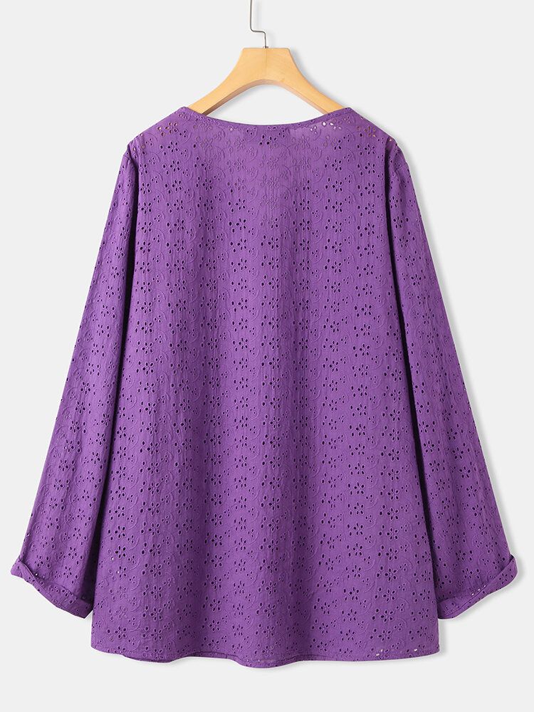 Blusa De Manga Larga Con Escote Con Muescas Ahuecadas De Color Sólido Para Mujer