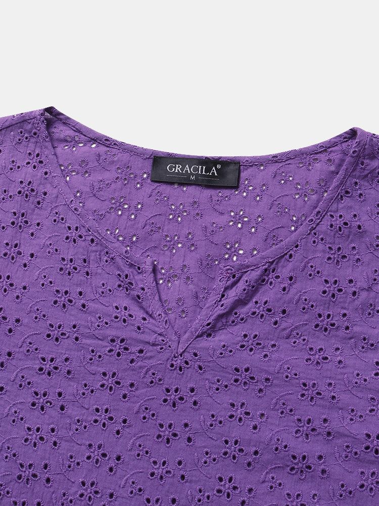 Blusa De Manga Larga Con Escote Con Muescas Ahuecadas De Color Sólido Para Mujer