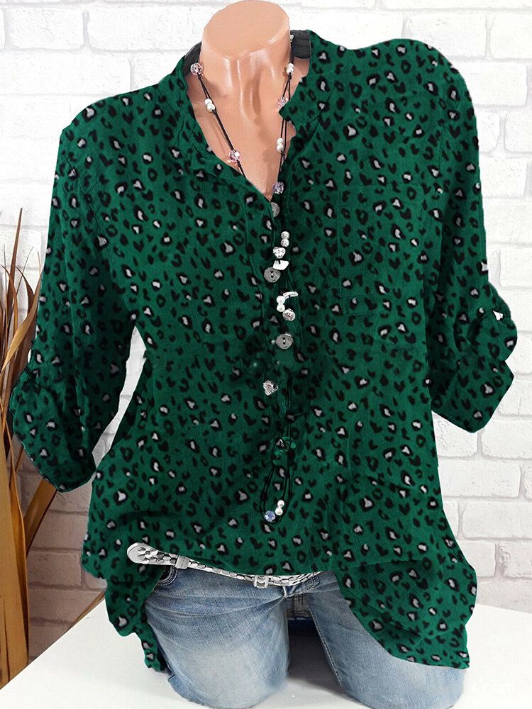 Blusa De Manga Larga Con Estampado De Leopardo Y Cuello Alto Vintage Casual Con Estilo