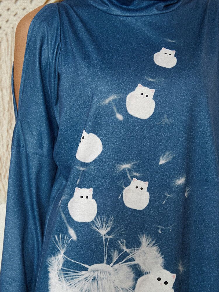 Blusa De Manga Larga Con Hombros Descubiertos Y Estampado De Flores De Gato De Dibujos Animados Para Mujer