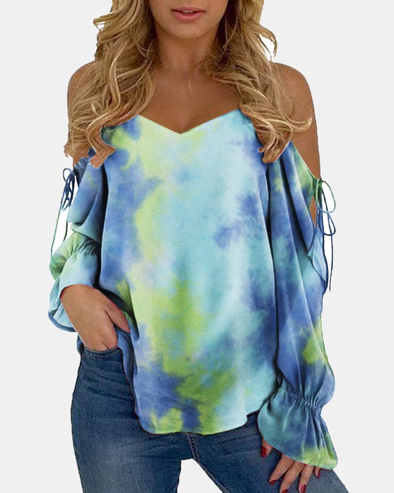 Blusa De Manga Larga Con Hombros Descubiertos Y Estampado Tie-dye Para Mujer