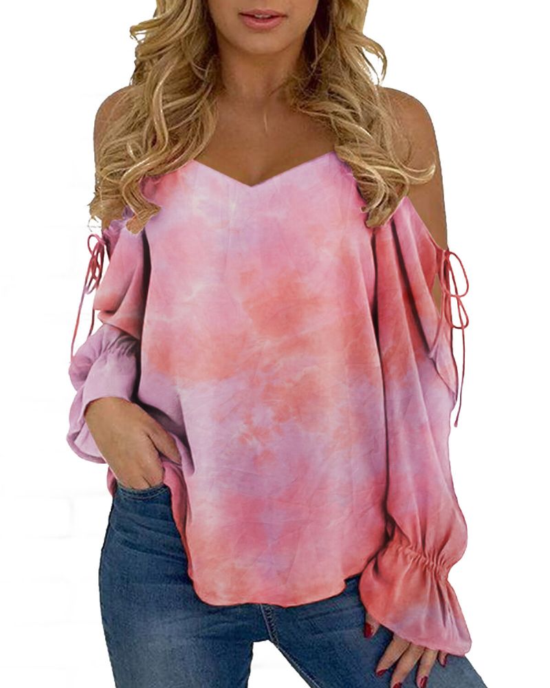 Blusa De Manga Larga Con Hombros Descubiertos Y Estampado Tie-dye Para Mujer