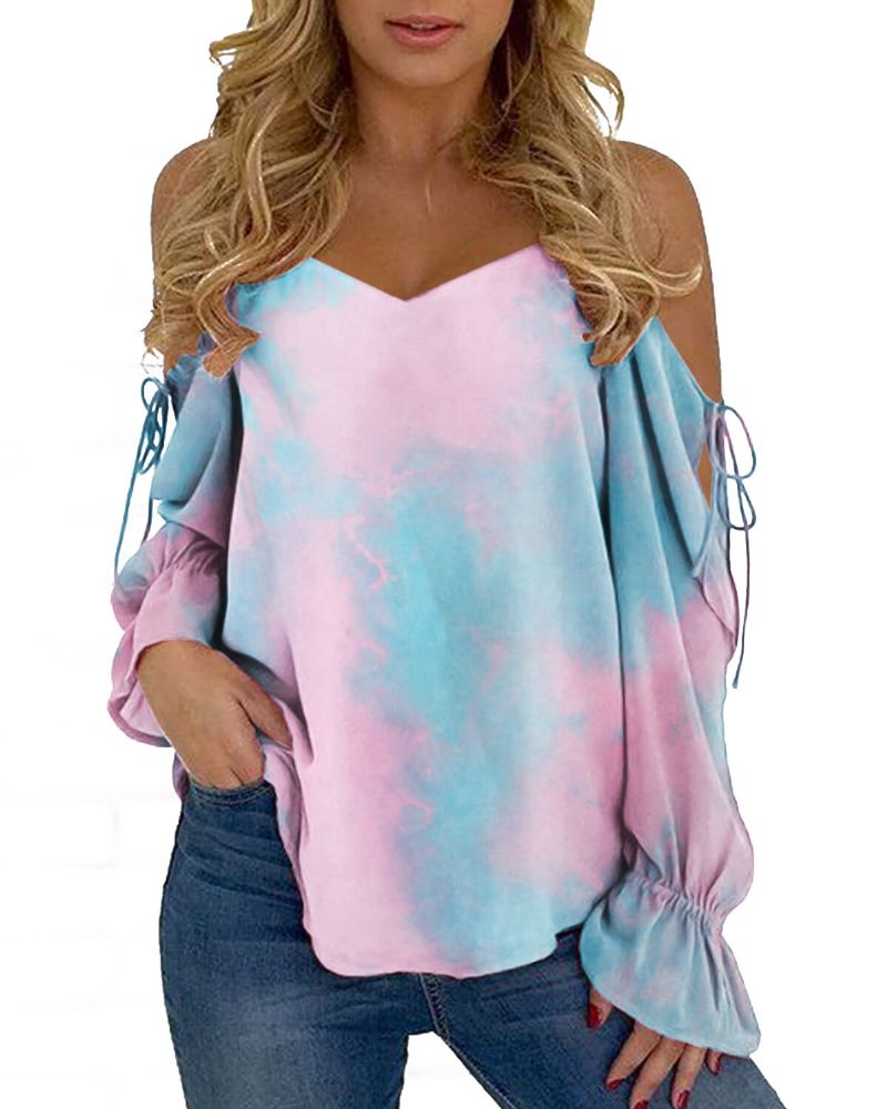 Blusa De Manga Larga Con Hombros Descubiertos Y Estampado Tie-dye Para Mujer