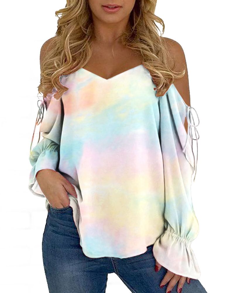 Blusa De Manga Larga Con Hombros Descubiertos Y Estampado Tie-dye Para Mujer