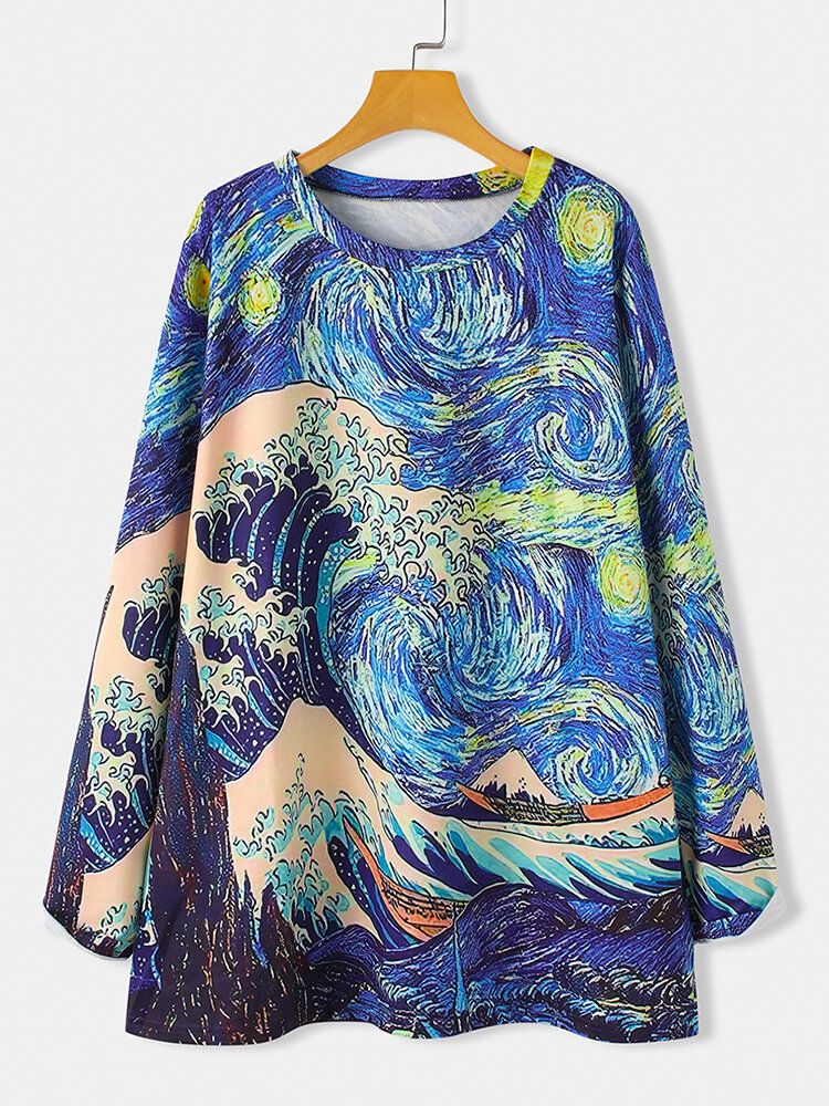 Blusa De Manga Larga De Estilo Étnico Con Estampado De Paisaje Ondulado Para Mujer