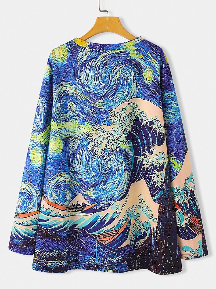 Blusa De Manga Larga De Estilo Étnico Con Estampado De Paisaje Ondulado Para Mujer