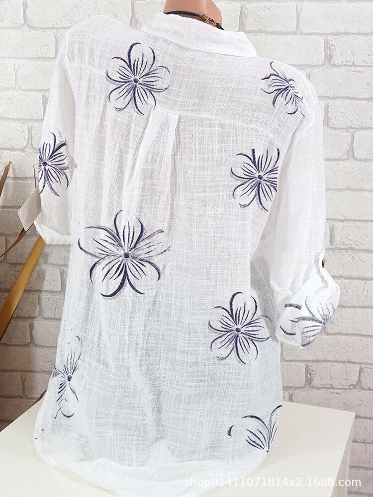 Blusa De Manga Larga Informal Con Botones De Cuello Alto Y Estampado Floral Vintage Para Mujer