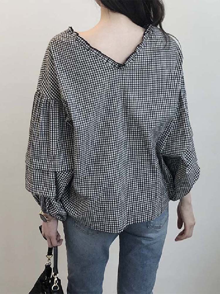 Blusa De Manga Larga Informal Con Botones Y Volantes Estampados A Cuadros Para Mujer