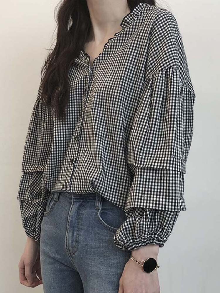 Blusa De Manga Larga Informal Con Botones Y Volantes Estampados A Cuadros Para Mujer