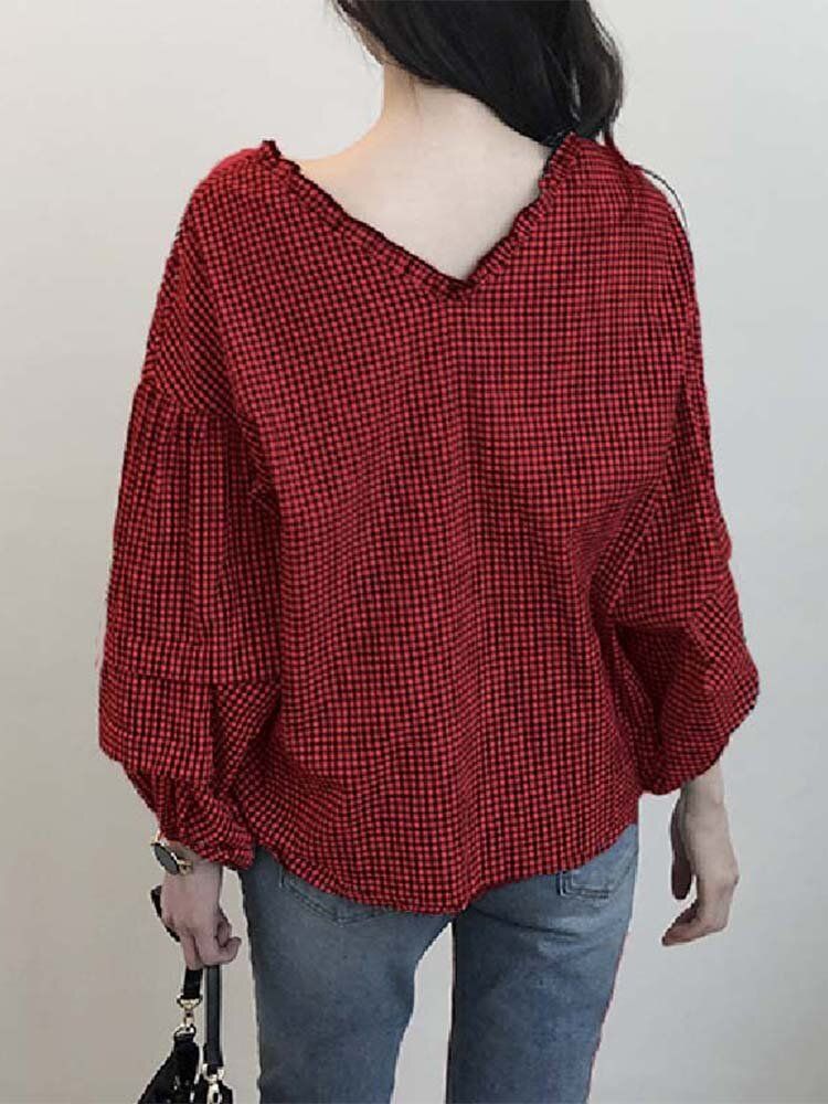 Blusa De Manga Larga Informal Con Botones Y Volantes Estampados A Cuadros Para Mujer