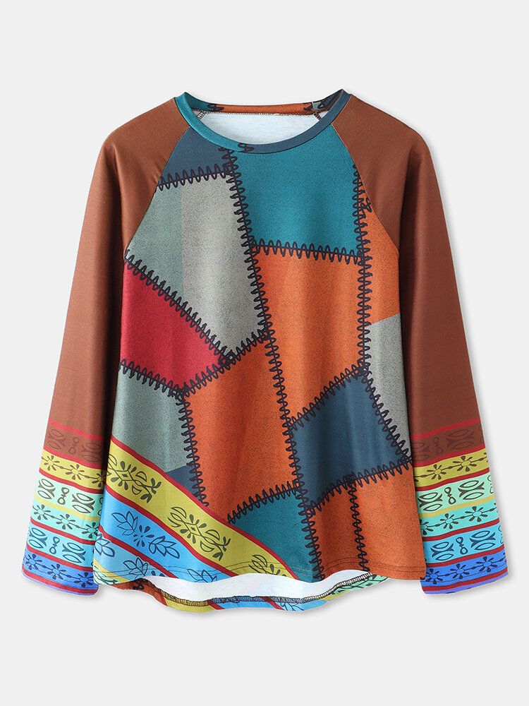 Blusa De Manga Larga Informal Con Cuello Redondo Y Estilo Étnico Con Retazos De Bloques De Color Para Mujer