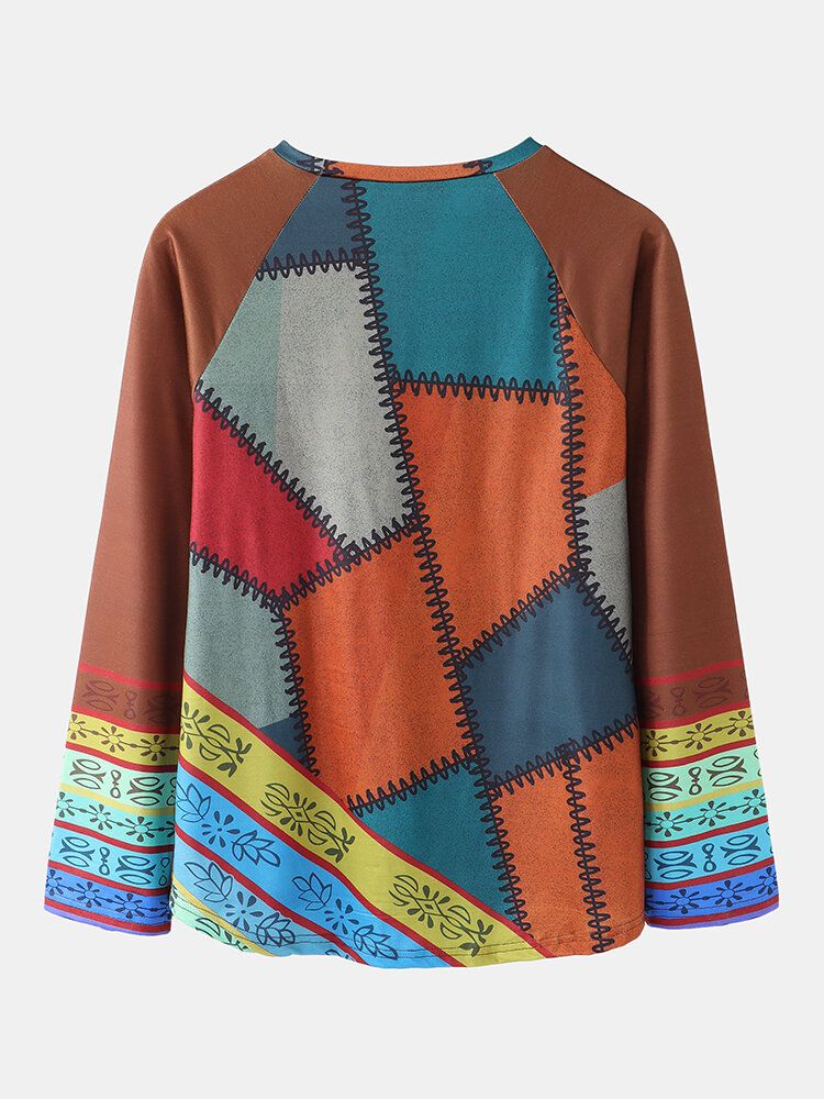 Blusa De Manga Larga Informal Con Cuello Redondo Y Estilo Étnico Con Retazos De Bloques De Color Para Mujer