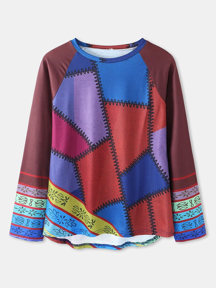 Blusa De Manga Larga Informal Con Cuello Redondo Y Estilo Étnico Con Retazos De Bloques De Color Para Mujer