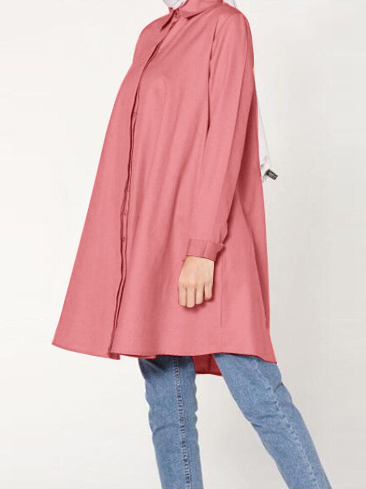 Blusa Musulmana Suelta De Manga Larga Con Solapa De Color Sólido Informal Para Mujer