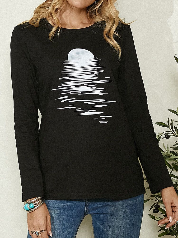 Blusa Negra De Manga Larga Con Cuello Redondo Y Estampado De Luna Para Mujer