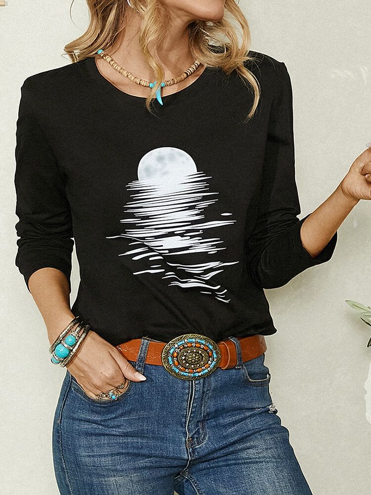 Blusa Negra De Manga Larga Con Cuello Redondo Y Estampado De Luna Para Mujer