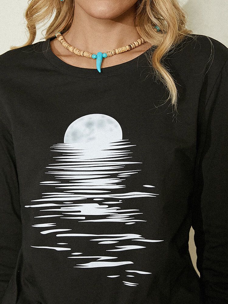 Blusa Negra De Manga Larga Con Cuello Redondo Y Estampado De Luna Para Mujer