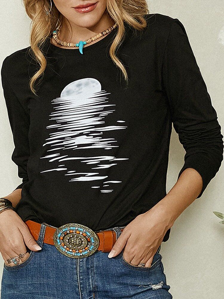 Blusa Negra De Manga Larga Con Cuello Redondo Y Estampado De Luna Para Mujer