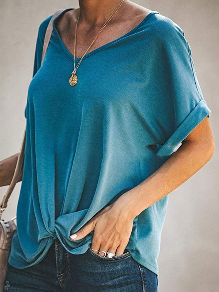 Blusa De Nudo De Manga Corta Con Cuello En O De Color Sólido Informal Para Mujer