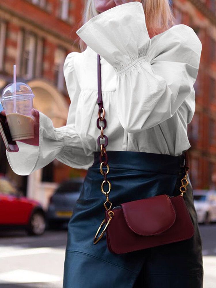 Blusa De Ocio De Algodón Con Costura De Manga Acampanada Y Cuello Redondo Sólido Para Mujer