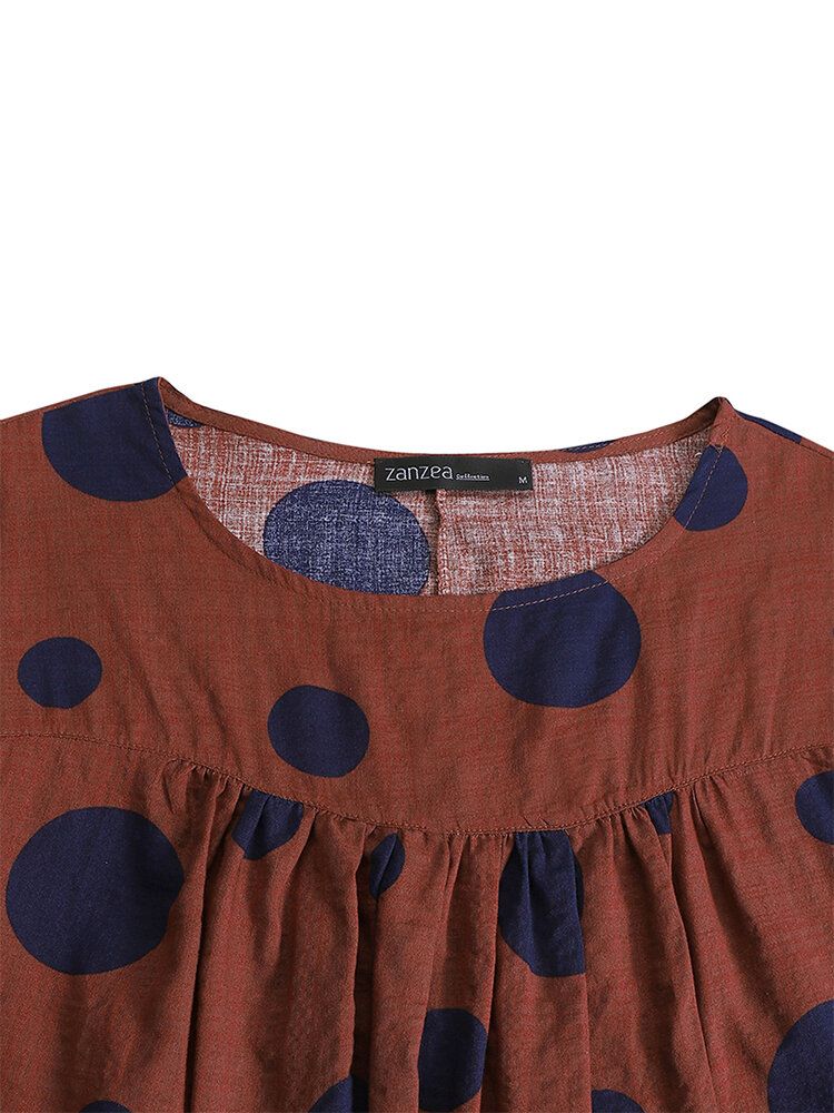 Blusa Plisada Holgada Con Manga Abullonada Y Estampado De Lunares Vintage Para Mujer