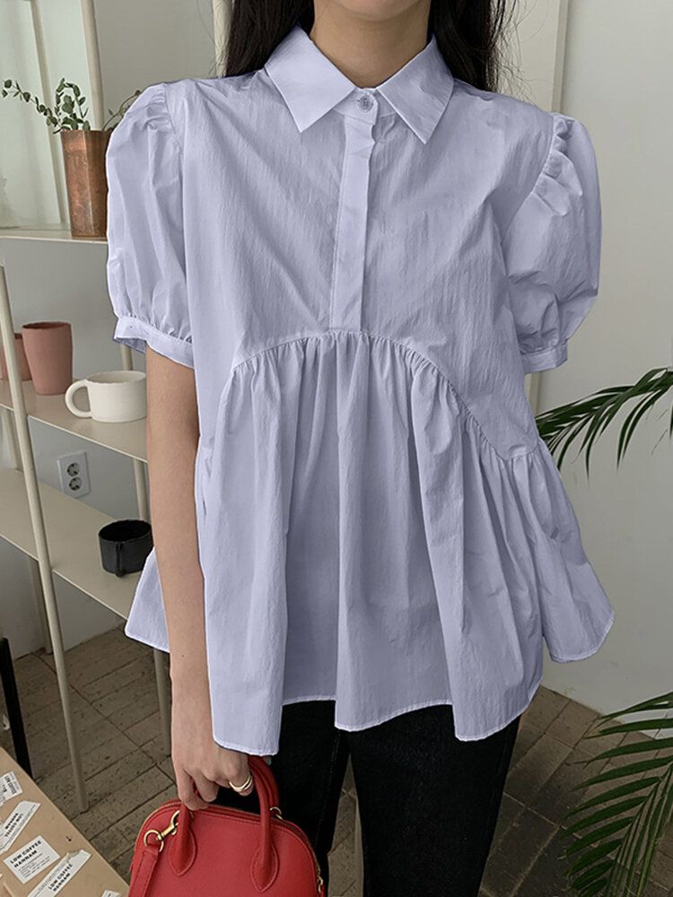 Blusa Plisada De Manga Corta Con Cuello De Solapa Y Manga Abullonada Para Mujer