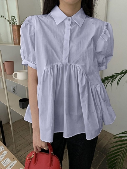 Blusa Plisada De Manga Corta Con Cuello De Solapa Y Manga Abullonada Para Mujer