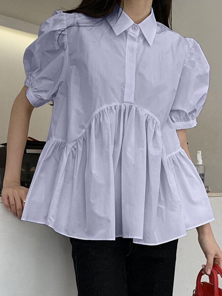 Blusa Plisada De Manga Corta Con Cuello De Solapa Y Manga Abullonada Para Mujer