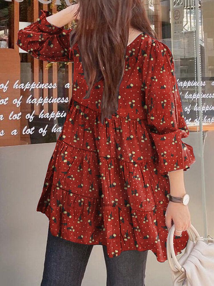 Blusa Plisada Vintage De Manga Larga Con Cuello Redondo Y Manga Abullonada Informal Para Mujer